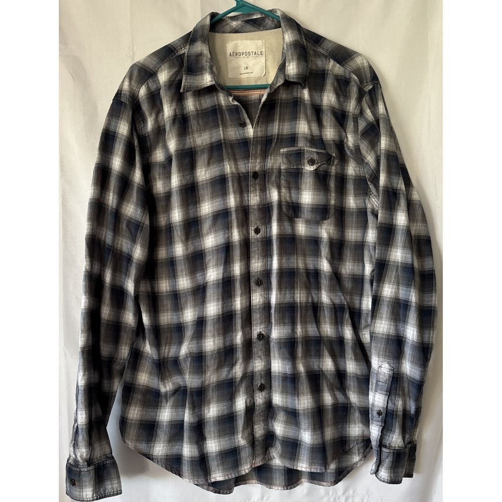Aeropostale Mens L Plaid Button Down Shirt Blue Grey White‎ Long Sleeve Western